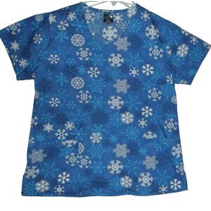 Zoe + Chloe Scrub Top Womens Size Medium Blue Snowflake Shirt Pockets v-neck